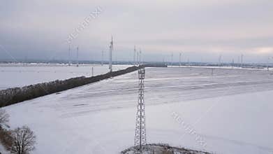 5G mast Cell Tower mobile, cold Winter Snow. Best aerial top view flight drone