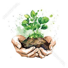 Pile of earth in hands, a small green sprout grows. Human holding new life, eco concept. Gardener with plant, support
