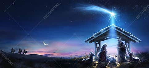 Nativity Of Jesus With Comet Star - Scene With The Holy Family In Desert Night And Starry Sky