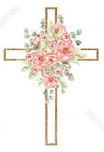 Watercolor Easter Cross Clipart, Religious illustration, Pink Peony flowers and green leaves cross, Baptism clip art, Holy Spirit