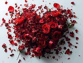 Red rose blossoms forming a heart. Valentine's Day rose petals form a heart on white background concept of love