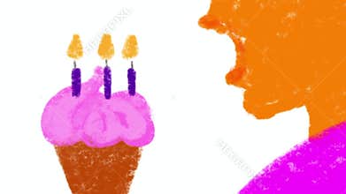 Cartoon hand drawn with crayon: girl blowing candles on Birthday cake with whipped cream. Happy Birthday card animation