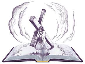 Jesus carries cross open book bible page religion