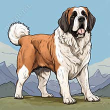 Detailed Painting Of A St. Bernard Dog In Child Coloring Book Style