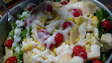 Healthy salad homemade dinner diet , veggie, Salad vegetables organic, lettuce, apple, bean , Thai style.