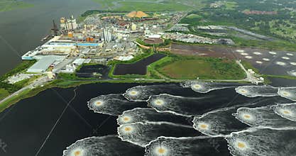 Industrial water use at cellulose and paper plant. Sediment aeration pond at Brunswick factory in Georgia, USA. Toxic