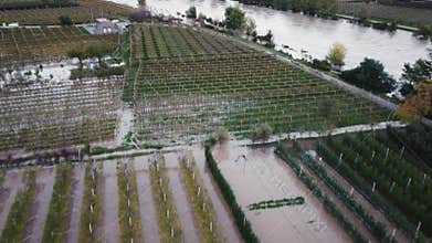Aerial view on flooded fields by the Adige River along the A22 highway in Italy.