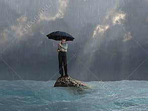 Man with an umbrella in the flood