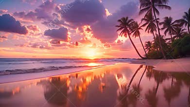 Beautiful tropical beach and sea with coconut palm tree at sunset time for travel and vacation, AI Generated