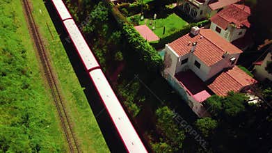 Train travel on industrial railroad, railway. Transport logistics from drone