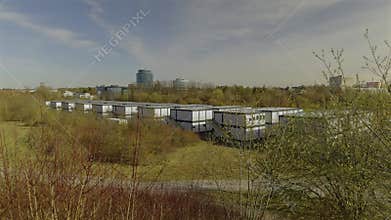 Migrant camp for refugees from Ukraine in Munich, Germany. Temporary shelter for war asylum seekers in germany