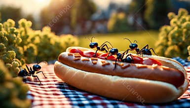 Ants on a Hot Dog in a Picnic Scene