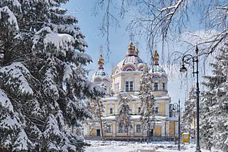 Russian Orthodox Ascension wood Cathedral in Panfilov Park in Almaty, Kazakhstan