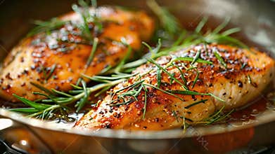 A cooking pan filled with raw chicken breasts coated in a mixture of herbs ready to be cooked