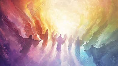 A group of angelic beings each with different colored wings guiding a soul through a kaleidoscope of colors towards