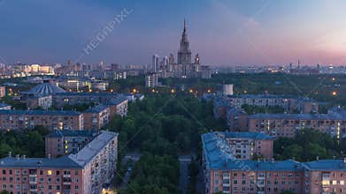 Moscow State University night to day timelapse before sunrise aerial view from rooftop.