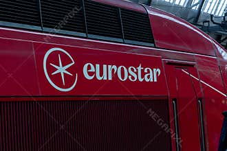Eurostar logo on red train Amsterdam