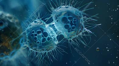 A closeup of a ciliate undergoing cell division with its body splitting into two equal parts while its cilia gather at