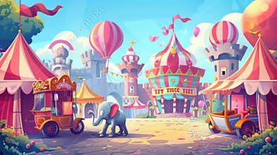 A set of modern cartoon festival flyers with illustrations of a circus stage, balloons, and magical castle. Posters for