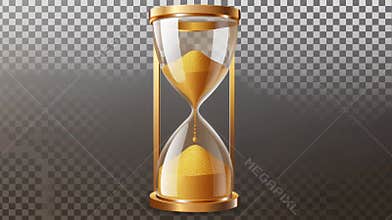 Hour glass made of falling golden grains. Modern realistic sand clock isolated on transparent background. Vintage watch