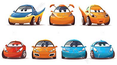 An array of cartoon cars expressing happy, sad, and neutral moods. Cute cartoon cars with smiling faces, unhappy cars