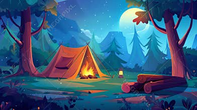 In a summer camp in the forest with a bonfire, tent, backpack, and lantern, a modern cartoon landscape shows a campsite