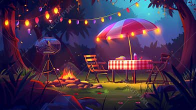 Cartoon modern illustration of a barbecue area in a backyard at night with a table covered in a chequered tablecloth