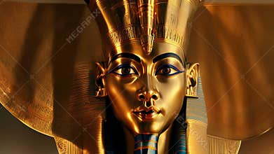 The beautiful Egyptian goddess-pharaoh Tutankhamun sits on a golden throne in the temple of Thebes