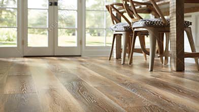 Natural light floods through the windows highlighting the warm tones of the LVT flooring and the natural wood elements