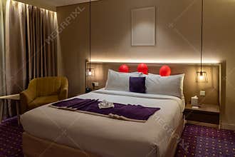 Hotel bedroom classic style interior, romantic night atmosphere