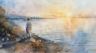 Watercolor painting of Jesus Christ walking along the shores of the Sea of Galilee at dawn. Concept of faith