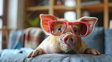 A pig wearing pink glasses sitting on a couch, AI