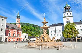 Beautiful view of Residenzplatz with famous Residenzbrunnen in Salzburg, Salzburger Land, Austria