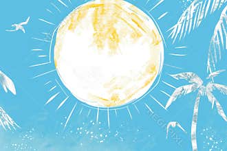 Minimalistic Summer Sun Illustration with Palm Leaves and Flying Seagulls Design