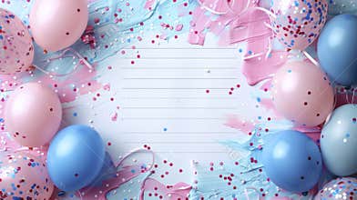 Invitation card mockup, lined sheet of paper and pink with blue balloons.