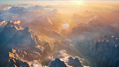 Panoramic view of beautiful rainforest. Beautiful sky, mountains and jungle. Aerial view. Prehistoric earth. Ai