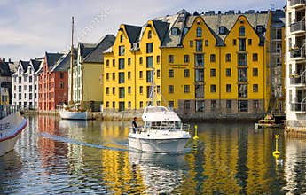 Boat and Colorful Buildings, Alesund, Norway