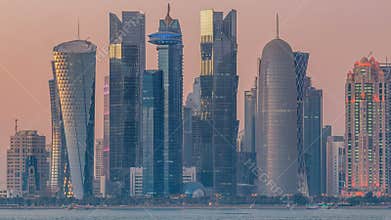 Doha downtown skyline day to night timelapse, Qatar, Middle East