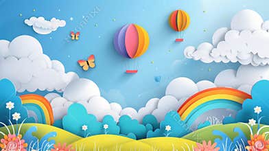 An illustration of fluffy clouds on blue sky background with a summer sun, butterfly, hot air balloon, and rainbow