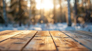 Generative AI The empty wooden table top with blur background of winter in Finland Exuberant image business concep