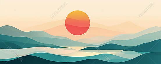 Abstract landscape with layered hills and sun. Illustration with flat design and gradient colors. Nature and serenity
