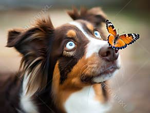 A colorful butterfly on the nose of a dog