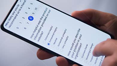 Taking a customer satisfaction survey online using a smartphone. Fictional Interface.