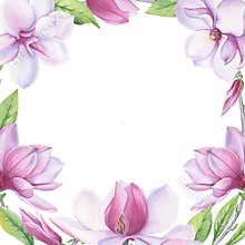 A frame of watercolor flowers, leaves and magnolia buds