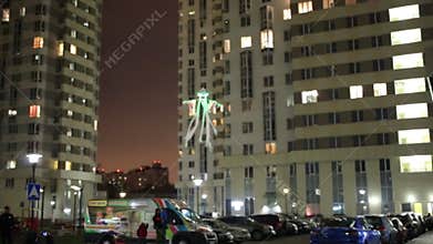 Flying helicopter ghost at night near high