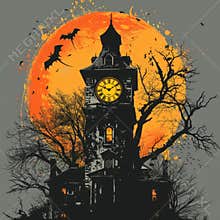 Haunted Clock Tower Halloween Illustration