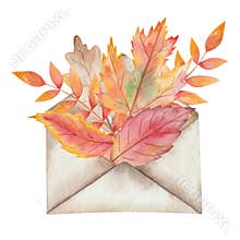 Watercolor illustration hand painted tree leaves in autumn yellow, red colors in the paper envelope isolated on white. Forest