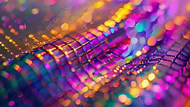 The closeup of a holographic fabric reveals a mesmerizing mosaic of shifting colors and shapes resembling a futuristic