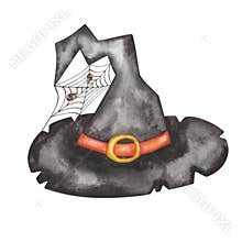 Watercolor illustration of hand painted hat in black, orange colors with buckle, insects spiders, cobweb, net. Witch, wizard