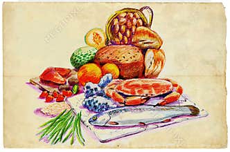 Fish, crab and vegetables